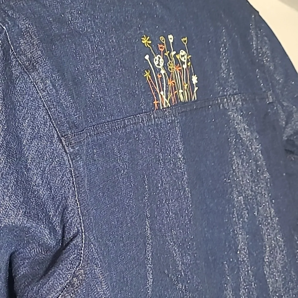 Vintage Signature By Jerell Blue Denim Jacket with Fringe Raw Hem and Embroidery
